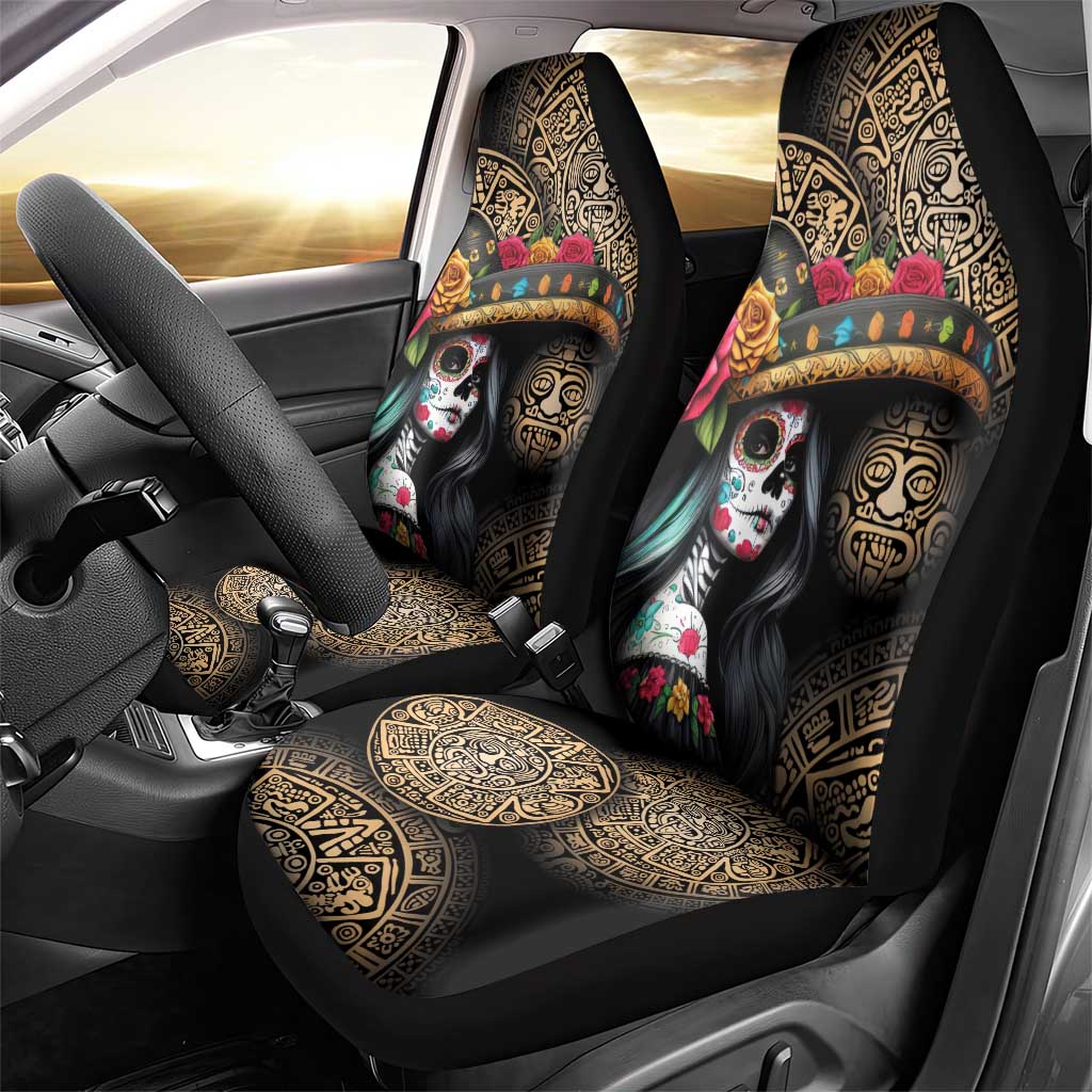 La Calavera Catrina Aztec Circle Car Seat Cover Dia de Muertos - Wonder Print Shop