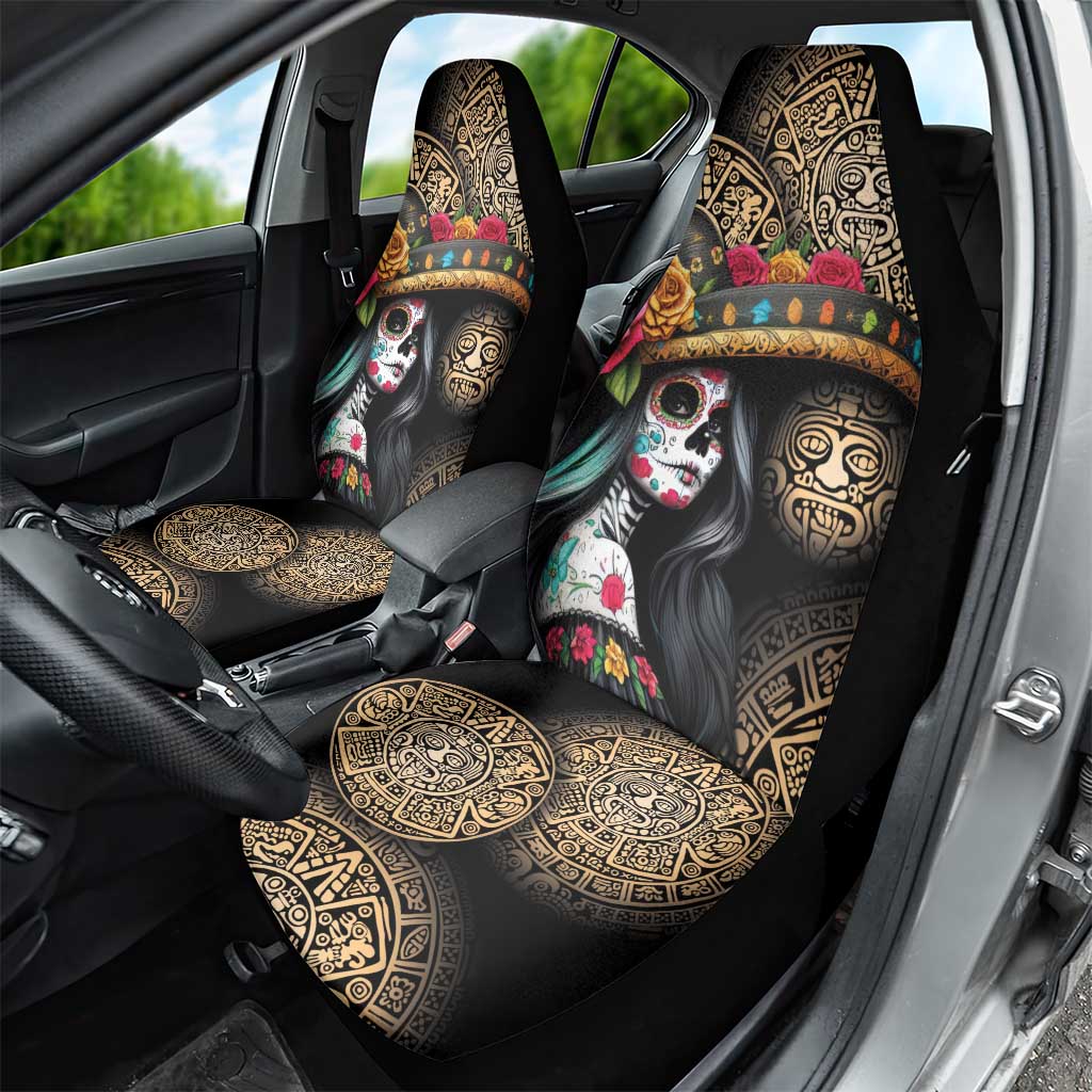 La Calavera Catrina Aztec Circle Car Seat Cover Dia de Muertos - Wonder Print Shop