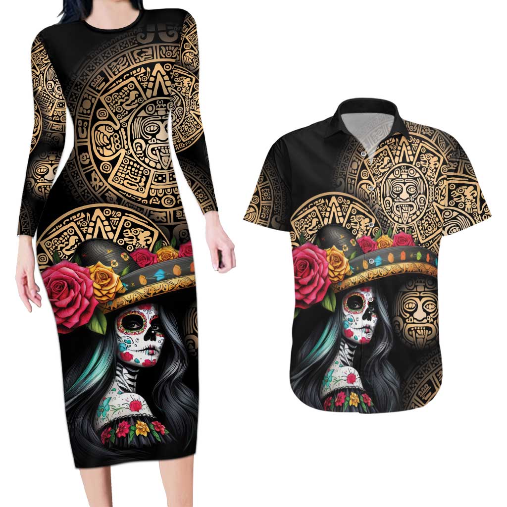 La Calavera Catrina Aztec Circle Couples Matching Long Sleeve Bodycon Dress and Hawaiian Shirt Dia de Muertos - Wonder Print Shop