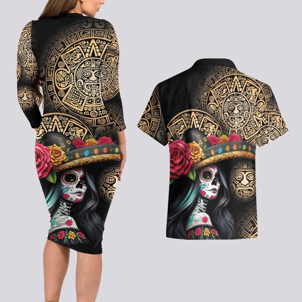 La Calavera Catrina Aztec Circle Couples Matching Long Sleeve Bodycon Dress and Hawaiian Shirt Dia de Muertos - Wonder Print Shop