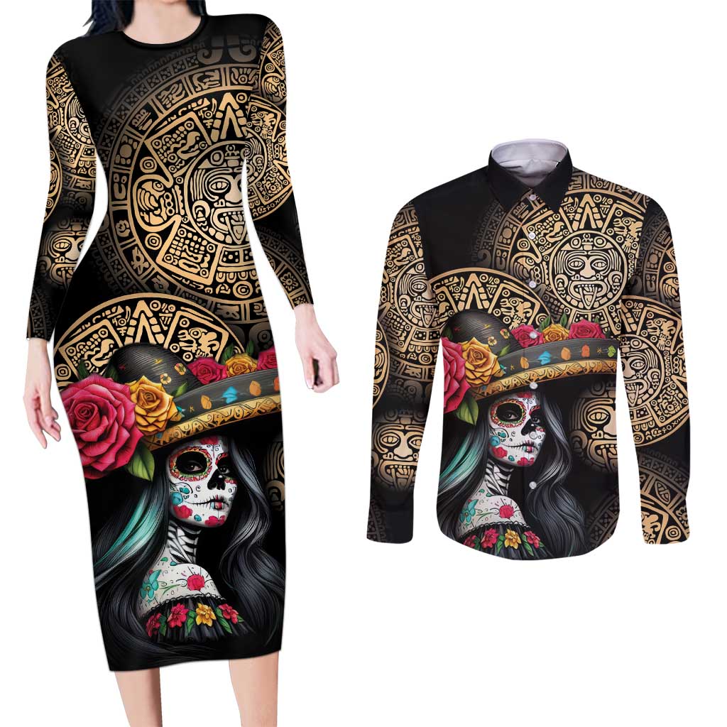 La Calavera Catrina Aztec Circle Couples Matching Long Sleeve Bodycon Dress and Long Sleeve Button Shirt Dia de Muertos - Wonder Print Shop