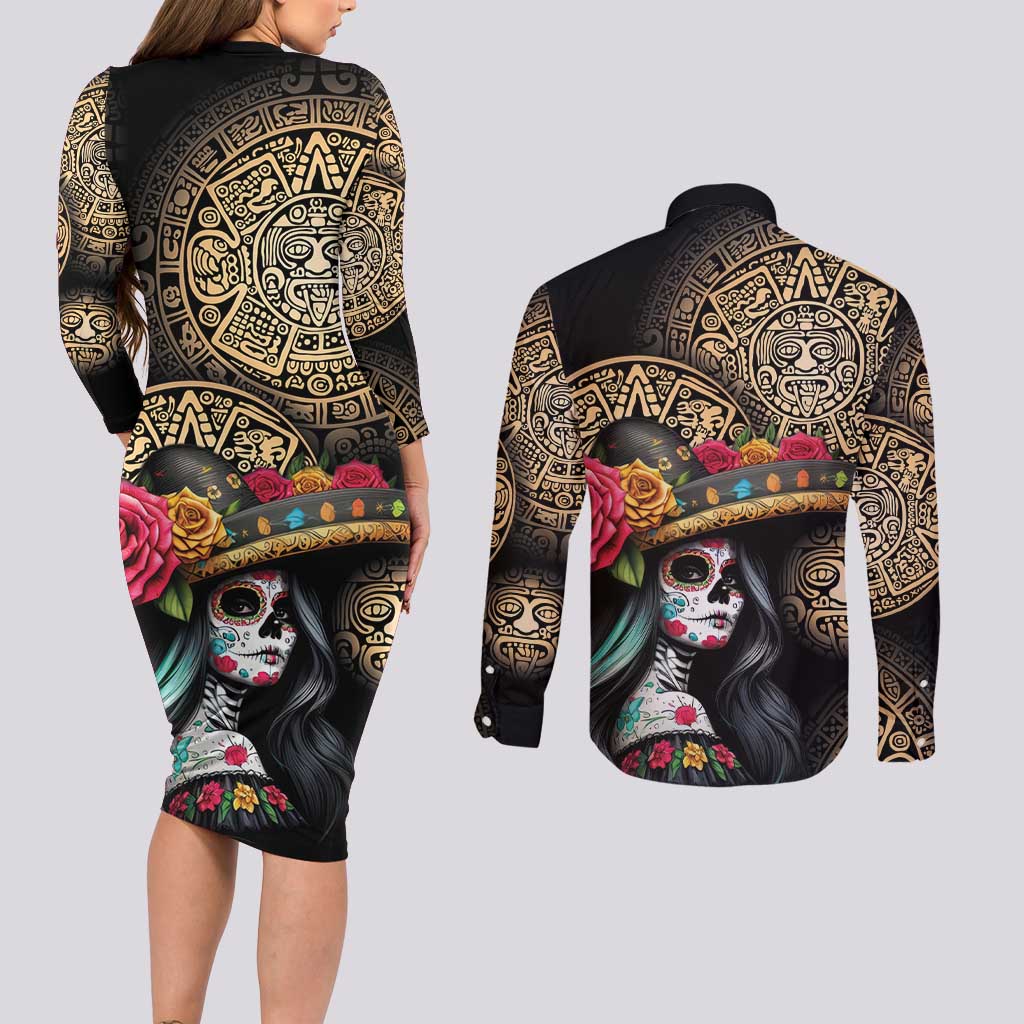 La Calavera Catrina Aztec Circle Couples Matching Long Sleeve Bodycon Dress and Long Sleeve Button Shirt Dia de Muertos - Wonder Print Shop