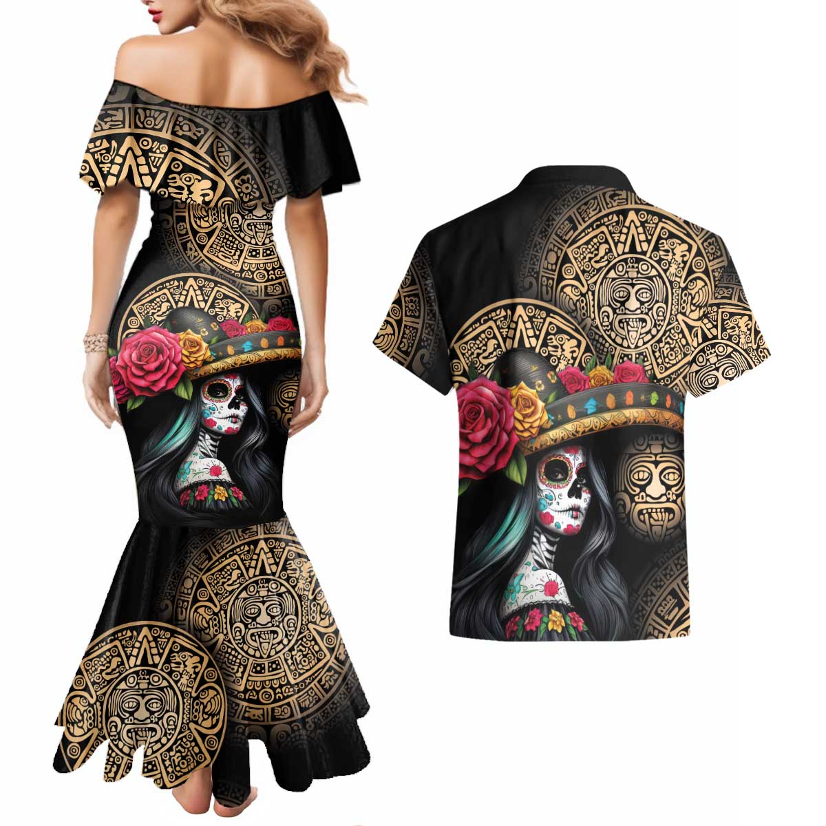 La Calavera Catrina Aztec Circle Couples Matching Mermaid Dress and Hawaiian Shirt Dia de Muertos - Wonder Print Shop