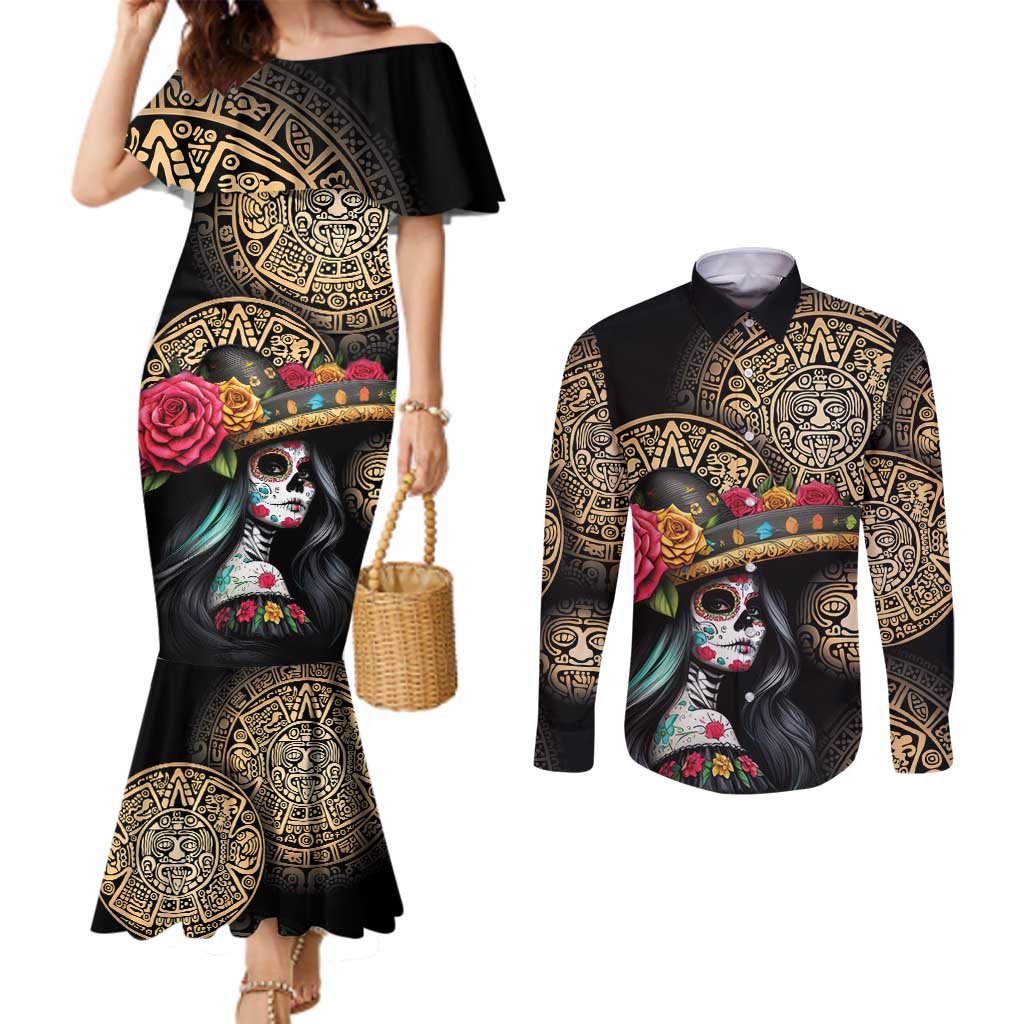 La Calavera Catrina Aztec Circle Couples Matching Mermaid Dress and Long Sleeve Button Shirt Dia de Muertos