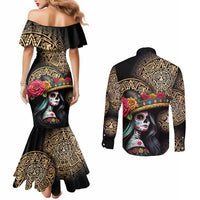La Calavera Catrina Aztec Circle Couples Matching Mermaid Dress and Long Sleeve Button Shirt Dia de Muertos