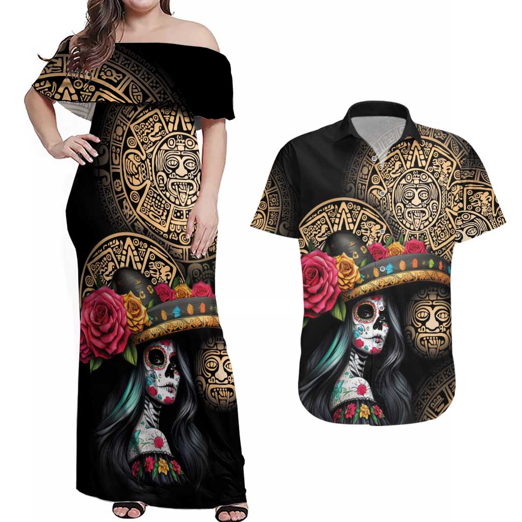 La Calavera Catrina Aztec Circle Couples Matching Off Shoulder Maxi Dress and Hawaiian Shirt Dia de Muertos - Wonder Print Shop