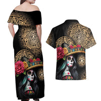 La Calavera Catrina Aztec Circle Couples Matching Off Shoulder Maxi Dress and Hawaiian Shirt Dia de Muertos - Wonder Print Shop