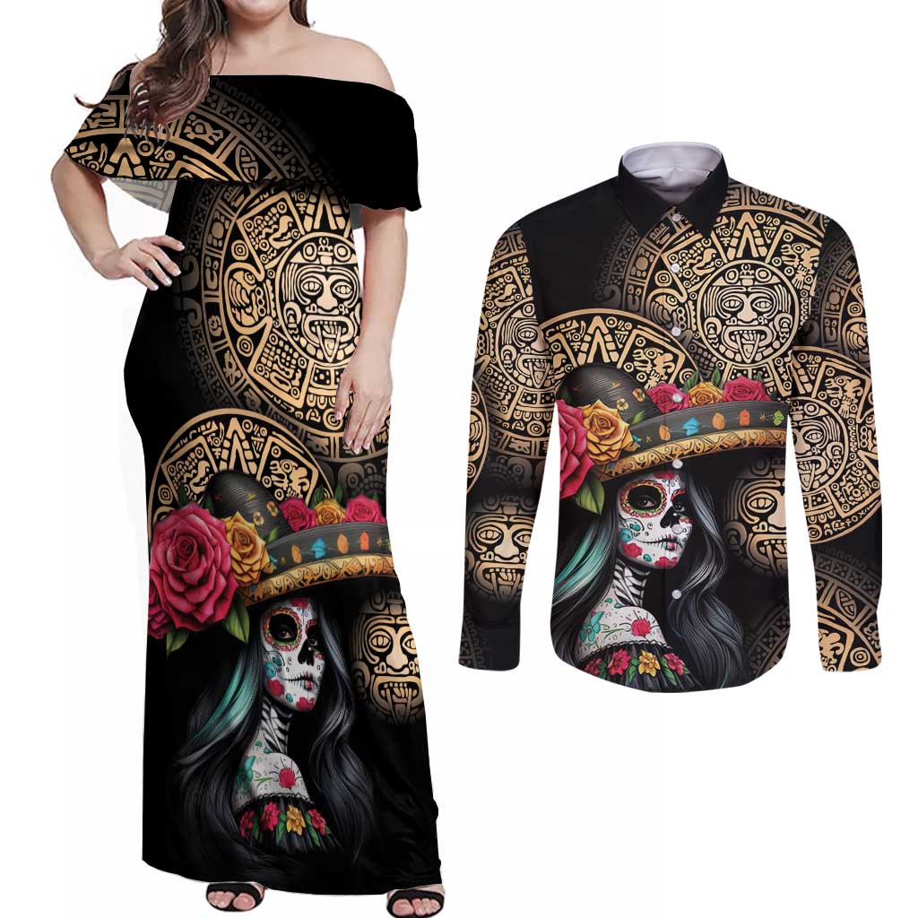 La Calavera Catrina Aztec Circle Couples Matching Off Shoulder Maxi Dress and Long Sleeve Button Shirt Dia de Muertos - Wonder Print Shop