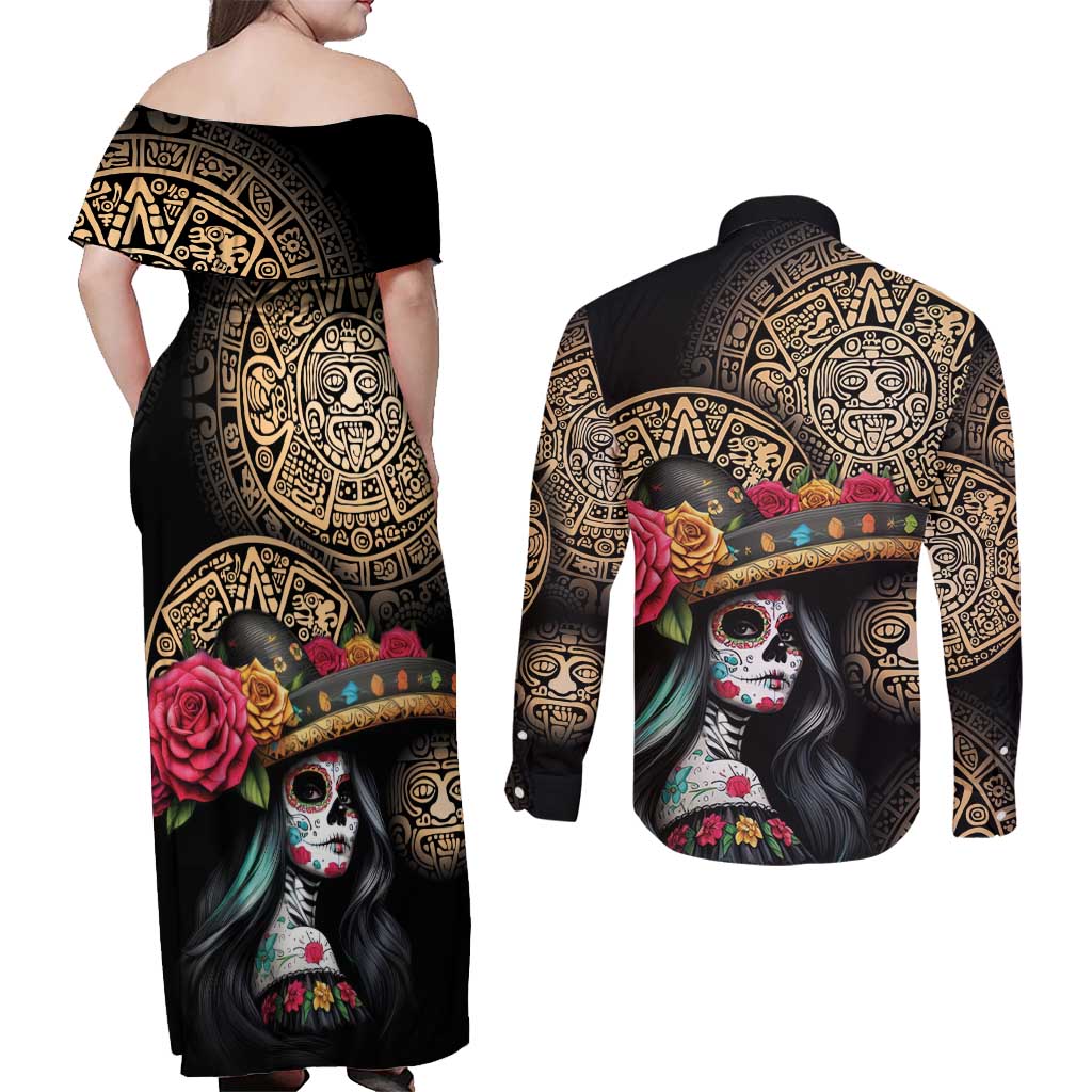 La Calavera Catrina Aztec Circle Couples Matching Off Shoulder Maxi Dress and Long Sleeve Button Shirt Dia de Muertos - Wonder Print Shop