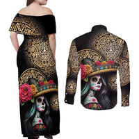 La Calavera Catrina Aztec Circle Couples Matching Off Shoulder Maxi Dress and Long Sleeve Button Shirt Dia de Muertos - Wonder Print Shop