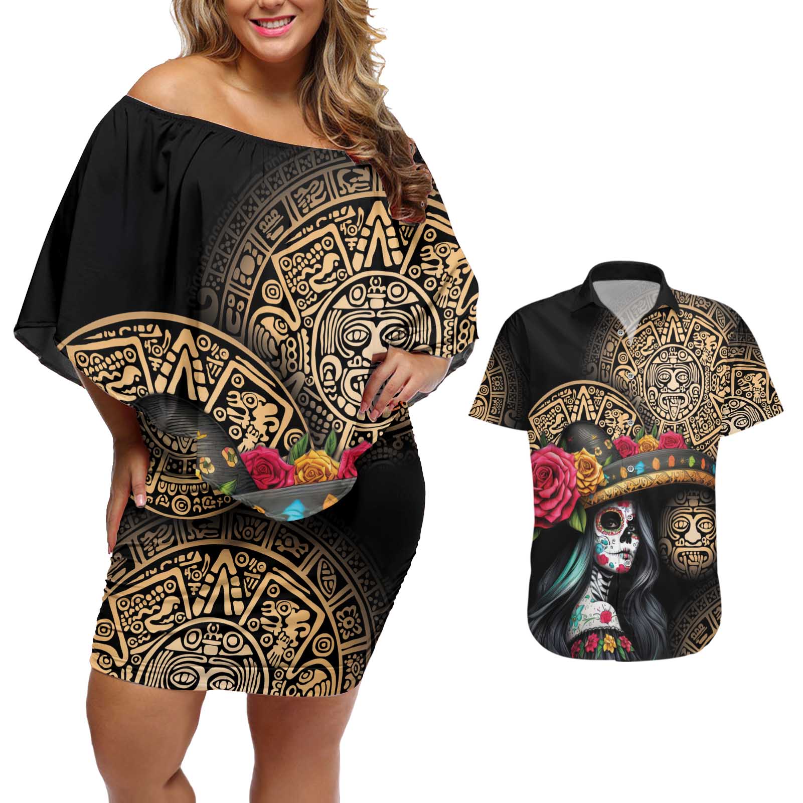 La Calavera Catrina Aztec Circle Couples Matching Off Shoulder Short Dress and Hawaiian Shirt Dia de Muertos - Wonder Print Shop