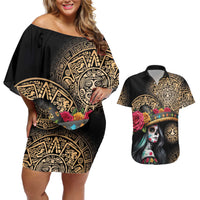 La Calavera Catrina Aztec Circle Couples Matching Off Shoulder Short Dress and Hawaiian Shirt Dia de Muertos - Wonder Print Shop