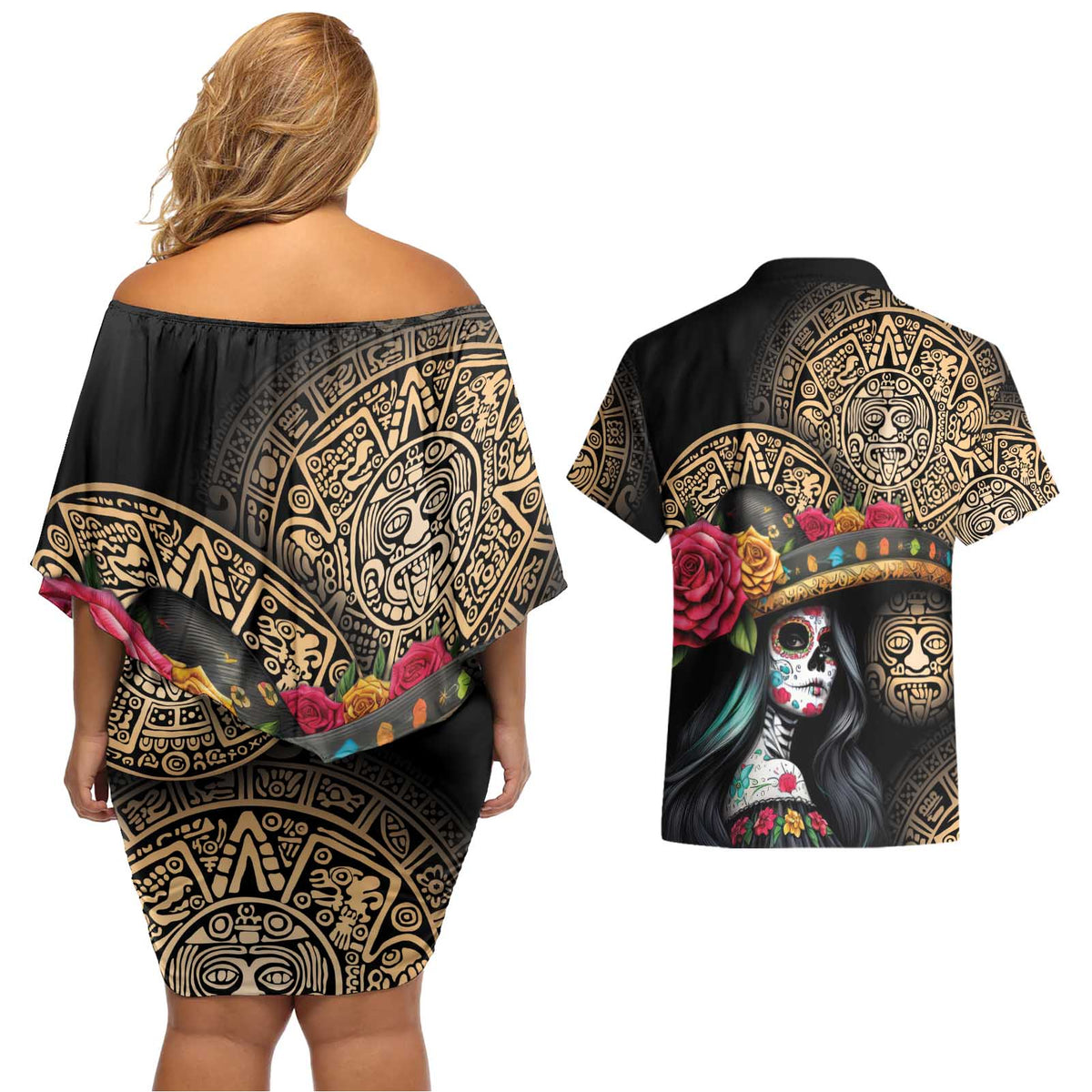 La Calavera Catrina Aztec Circle Couples Matching Off Shoulder Short Dress and Hawaiian Shirt Dia de Muertos - Wonder Print Shop