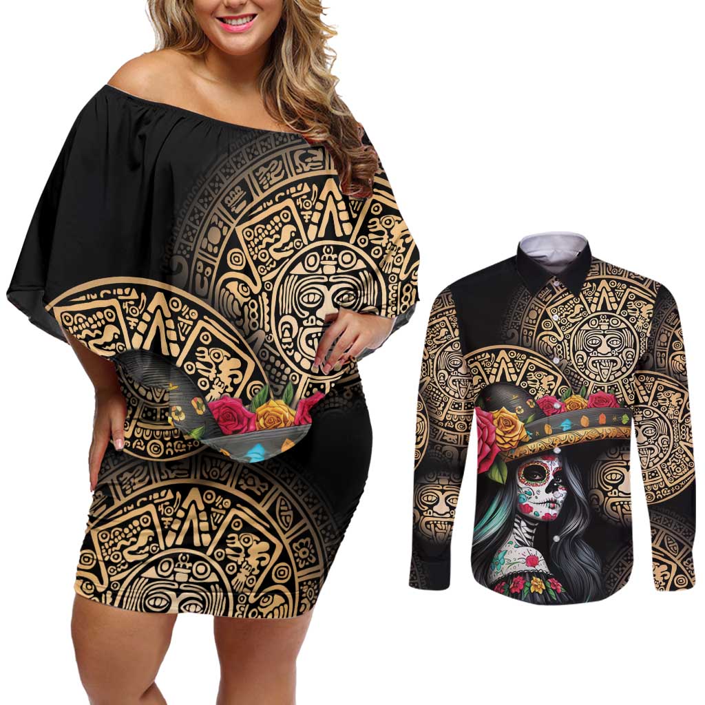 La Calavera Catrina Aztec Circle Couples Matching Off Shoulder Short Dress and Long Sleeve Button Shirt Dia de Muertos - Wonder Print Shop