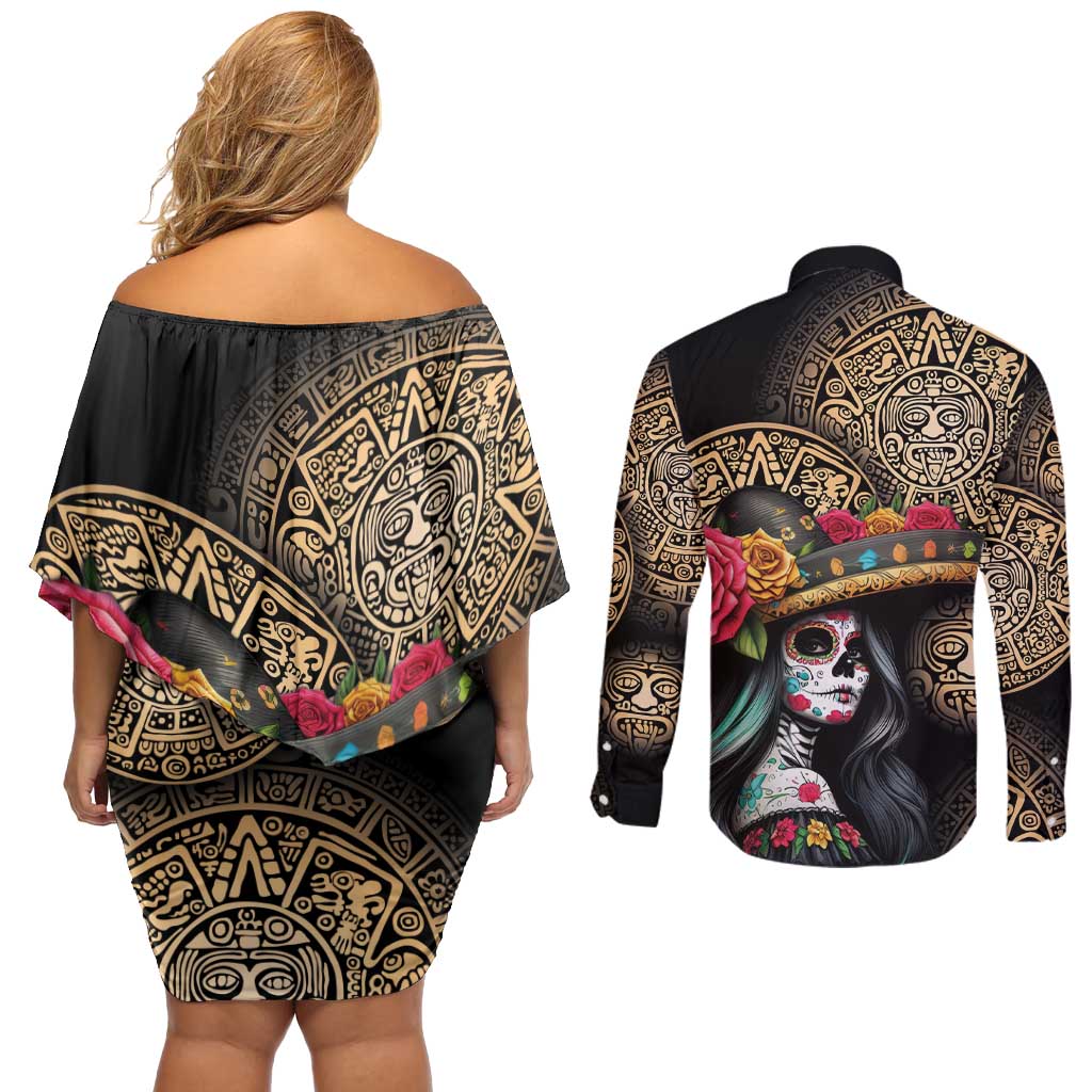 La Calavera Catrina Aztec Circle Couples Matching Off Shoulder Short Dress and Long Sleeve Button Shirt Dia de Muertos - Wonder Print Shop