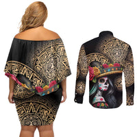 La Calavera Catrina Aztec Circle Couples Matching Off Shoulder Short Dress and Long Sleeve Button Shirt Dia de Muertos - Wonder Print Shop