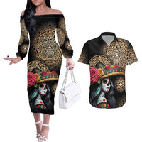 La Calavera Catrina Aztec Circle Couples Matching Off The Shoulder Long Sleeve Dress and Hawaiian Shirt Dia de Muertos - Wonder Print Shop