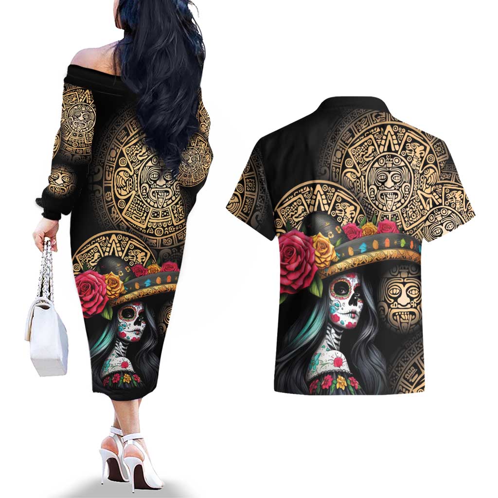La Calavera Catrina Aztec Circle Couples Matching Off The Shoulder Long Sleeve Dress and Hawaiian Shirt Dia de Muertos - Wonder Print Shop