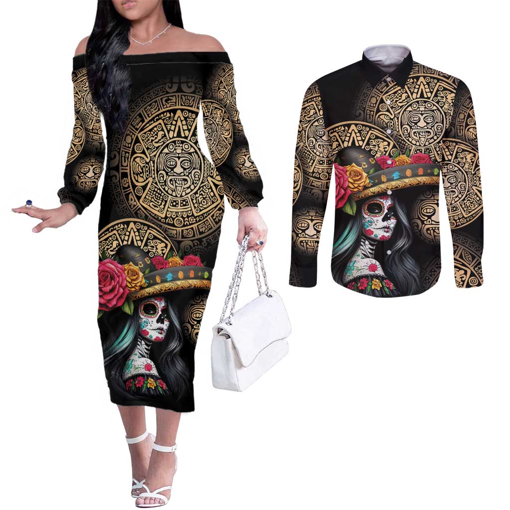 La Calavera Catrina Aztec Circle Couples Matching Off The Shoulder Long Sleeve Dress and Long Sleeve Button Shirt Dia de Muertos
