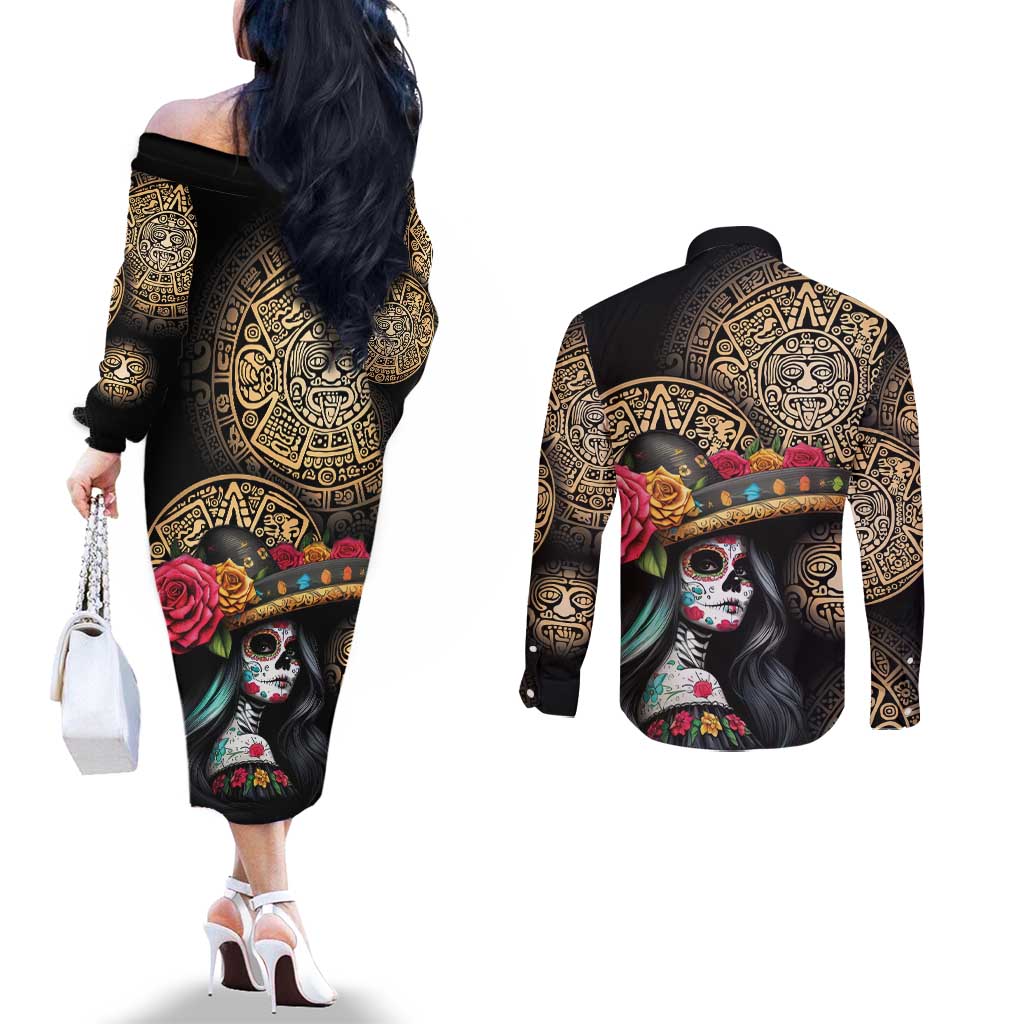 La Calavera Catrina Aztec Circle Couples Matching Off The Shoulder Long Sleeve Dress and Long Sleeve Button Shirt Dia de Muertos