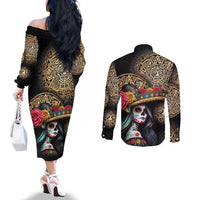 La Calavera Catrina Aztec Circle Couples Matching Off The Shoulder Long Sleeve Dress and Long Sleeve Button Shirt Dia de Muertos