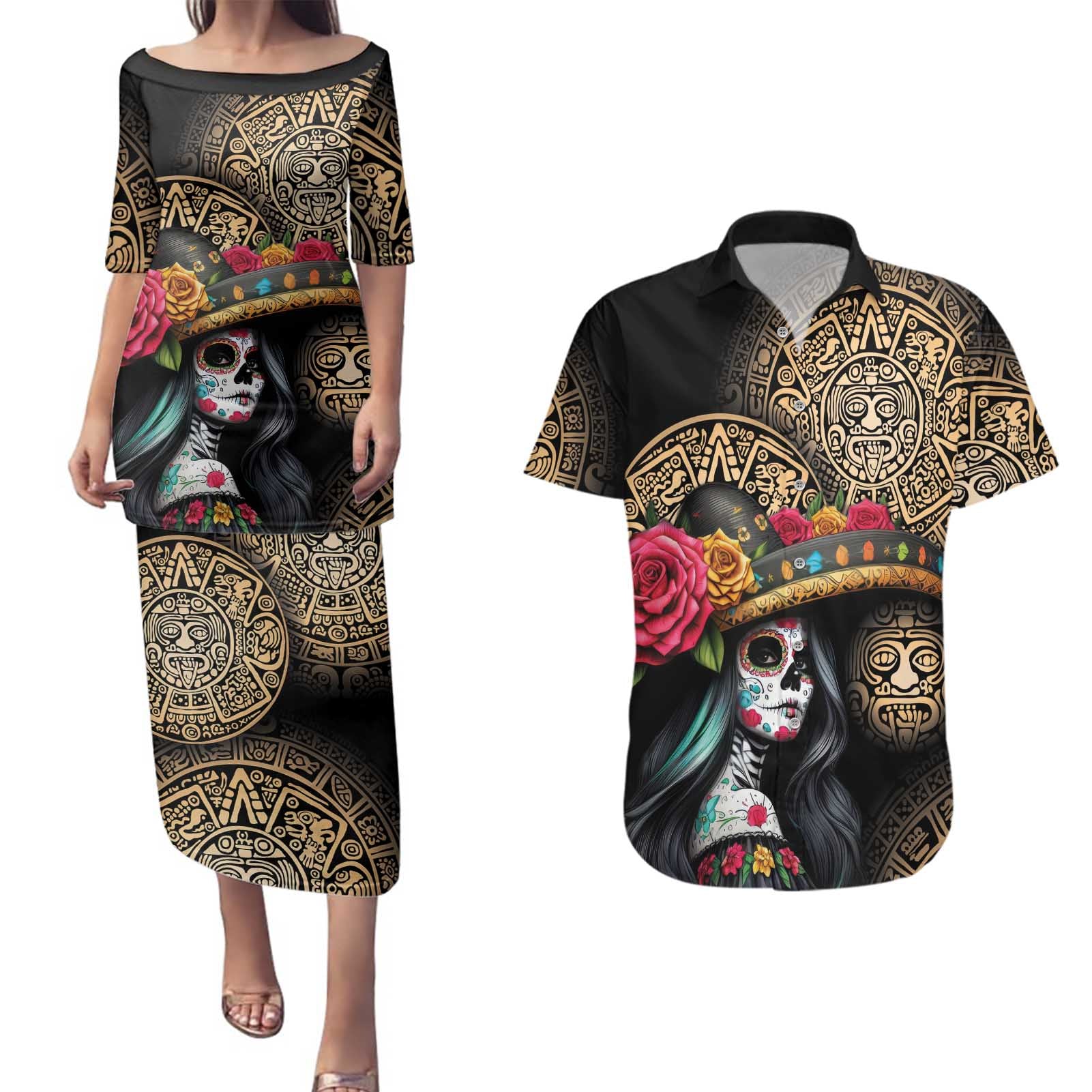 La Calavera Catrina Aztec Circle Couples Matching Puletasi and Hawaiian Shirt Dia de Muertos - Wonder Print Shop