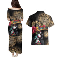 La Calavera Catrina Aztec Circle Couples Matching Puletasi and Hawaiian Shirt Dia de Muertos - Wonder Print Shop