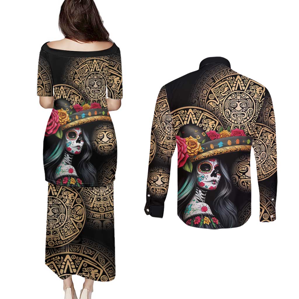La Calavera Catrina Aztec Circle Couples Matching Puletasi and Long Sleeve Button Shirt Dia de Muertos - Wonder Print Shop