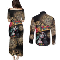 La Calavera Catrina Aztec Circle Couples Matching Puletasi and Long Sleeve Button Shirt Dia de Muertos - Wonder Print Shop