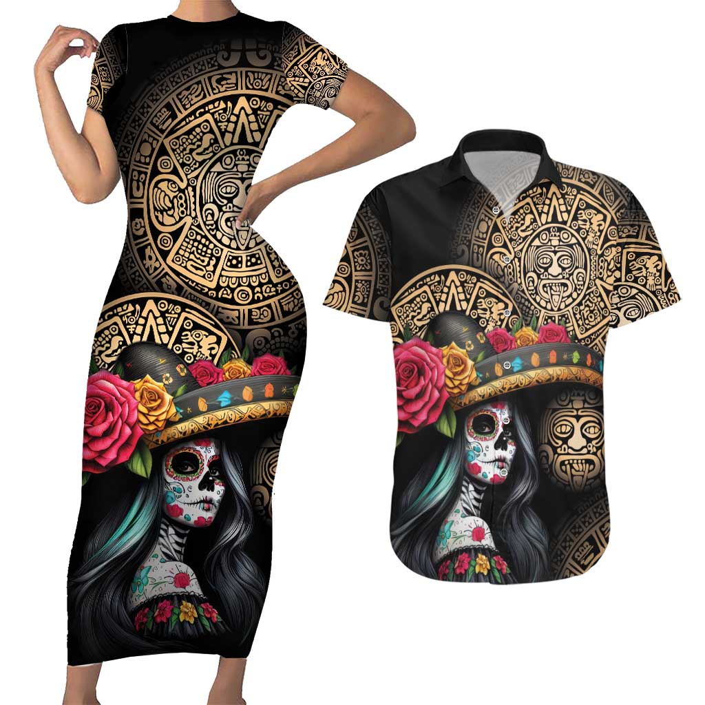 La Calavera Catrina Aztec Circle Couples Matching Short Sleeve Bodycon Dress and Hawaiian Shirt Dia de Muertos - Wonder Print Shop