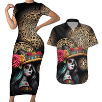 La Calavera Catrina Aztec Circle Couples Matching Short Sleeve Bodycon Dress and Hawaiian Shirt Dia de Muertos - Wonder Print Shop