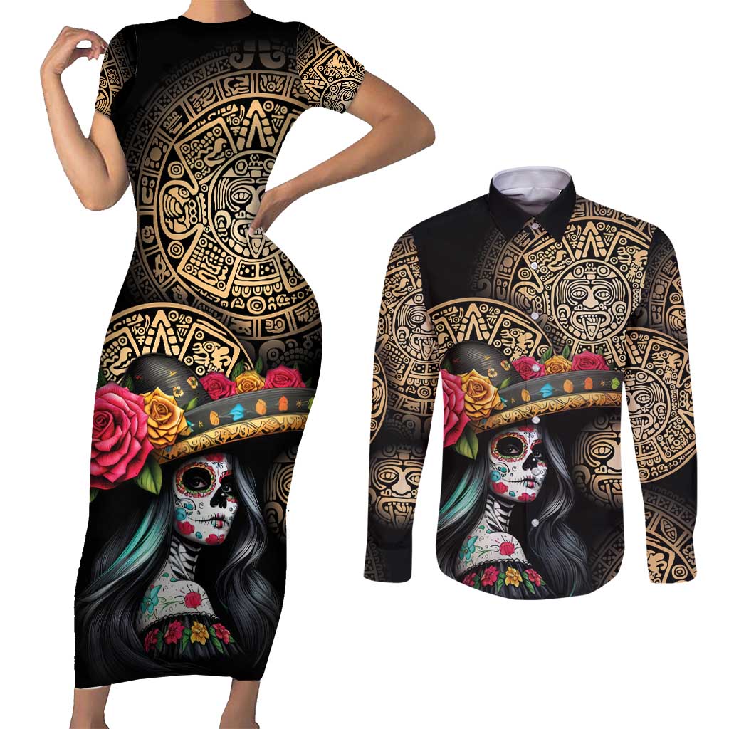 La Calavera Catrina Aztec Circle Couples Matching Short Sleeve Bodycon Dress and Long Sleeve Button Shirt Dia de Muertos - Wonder Print Shop