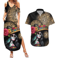 La Calavera Catrina Aztec Circle Couples Matching Summer Maxi Dress and Hawaiian Shirt Dia de Muertos - Wonder Print Shop
