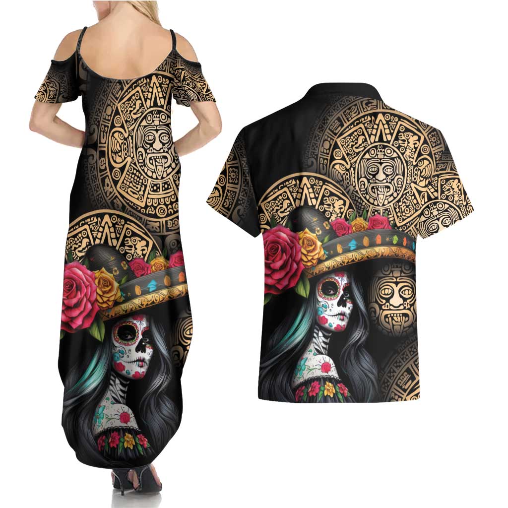 La Calavera Catrina Aztec Circle Couples Matching Summer Maxi Dress and Hawaiian Shirt Dia de Muertos - Wonder Print Shop