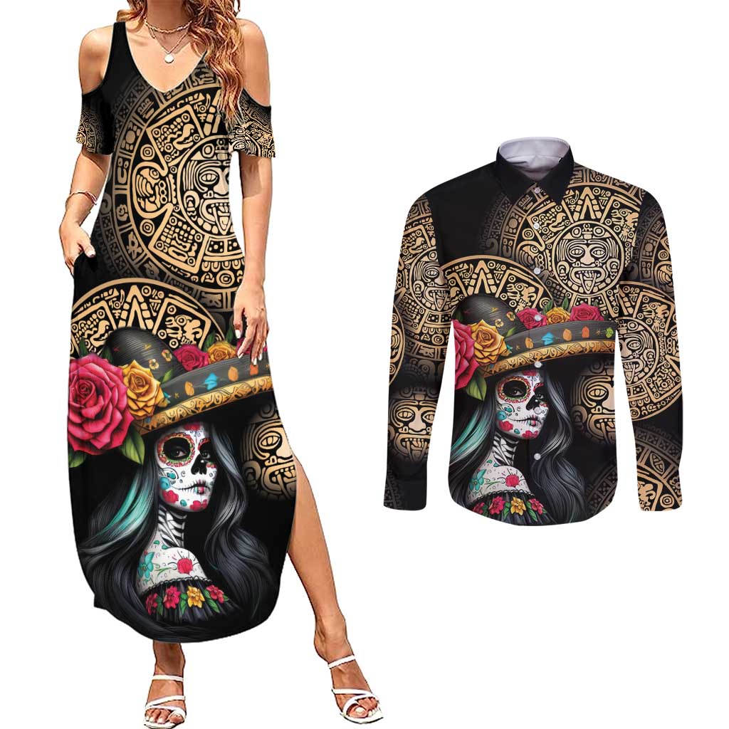 La Calavera Catrina Aztec Circle Couples Matching Summer Maxi Dress and Long Sleeve Button Shirt Dia de Muertos - Wonder Print Shop