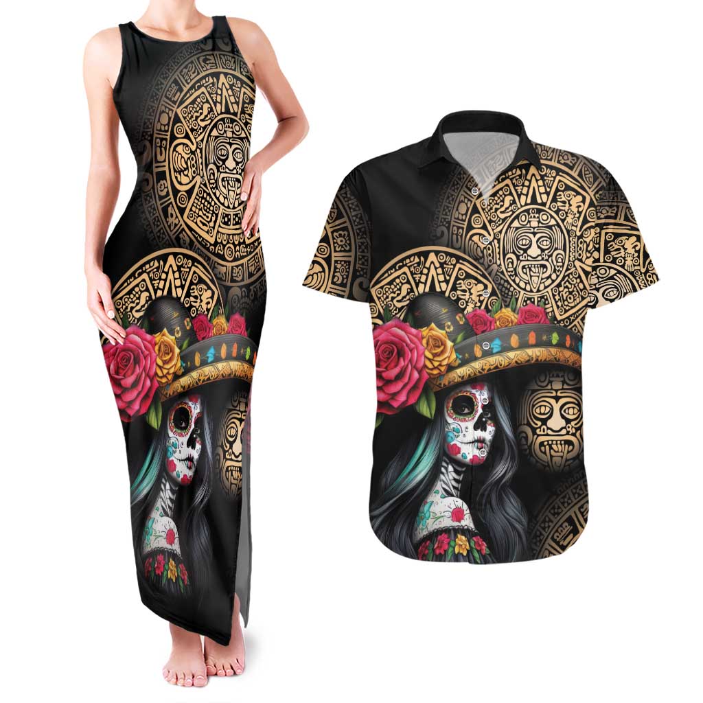 La Calavera Catrina Aztec Circle Couples Matching Tank Maxi Dress and Hawaiian Shirt Dia de Muertos - Wonder Print Shop