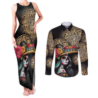 La Calavera Catrina Aztec Circle Couples Matching Tank Maxi Dress and Long Sleeve Button Shirt Dia de Muertos - Wonder Print Shop