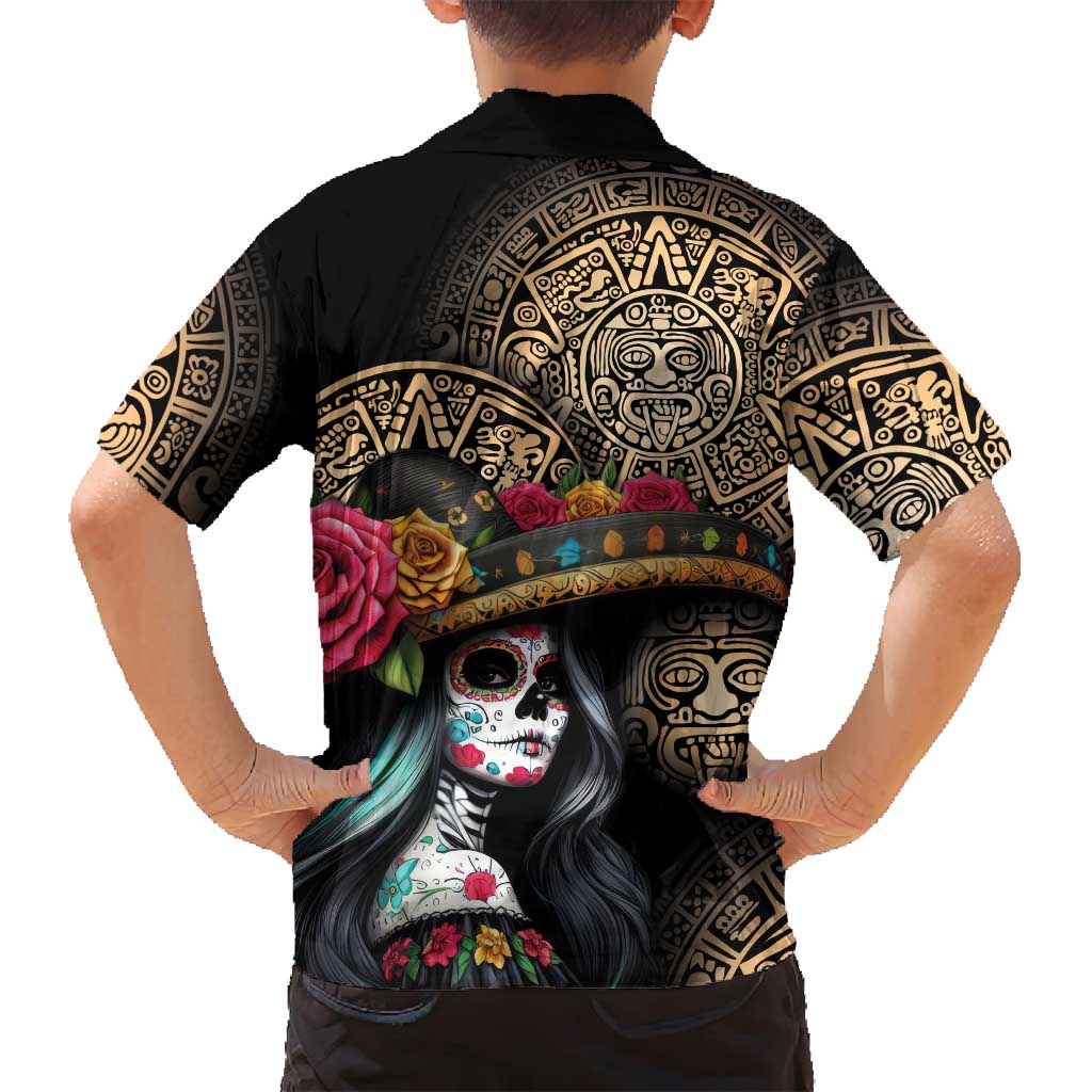La Calavera Catrina Aztec Circle Family Matching Long Sleeve Bodycon Dress and Hawaiian Shirt Dia de Muertos - Wonder Print Shop