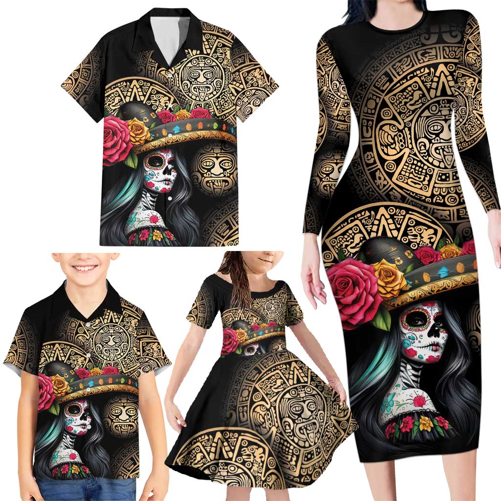 La Calavera Catrina Aztec Circle Family Matching Long Sleeve Bodycon Dress and Hawaiian Shirt Dia de Muertos - Wonder Print Shop