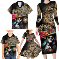La Calavera Catrina Aztec Circle Family Matching Long Sleeve Bodycon Dress and Hawaiian Shirt Dia de Muertos - Wonder Print Shop