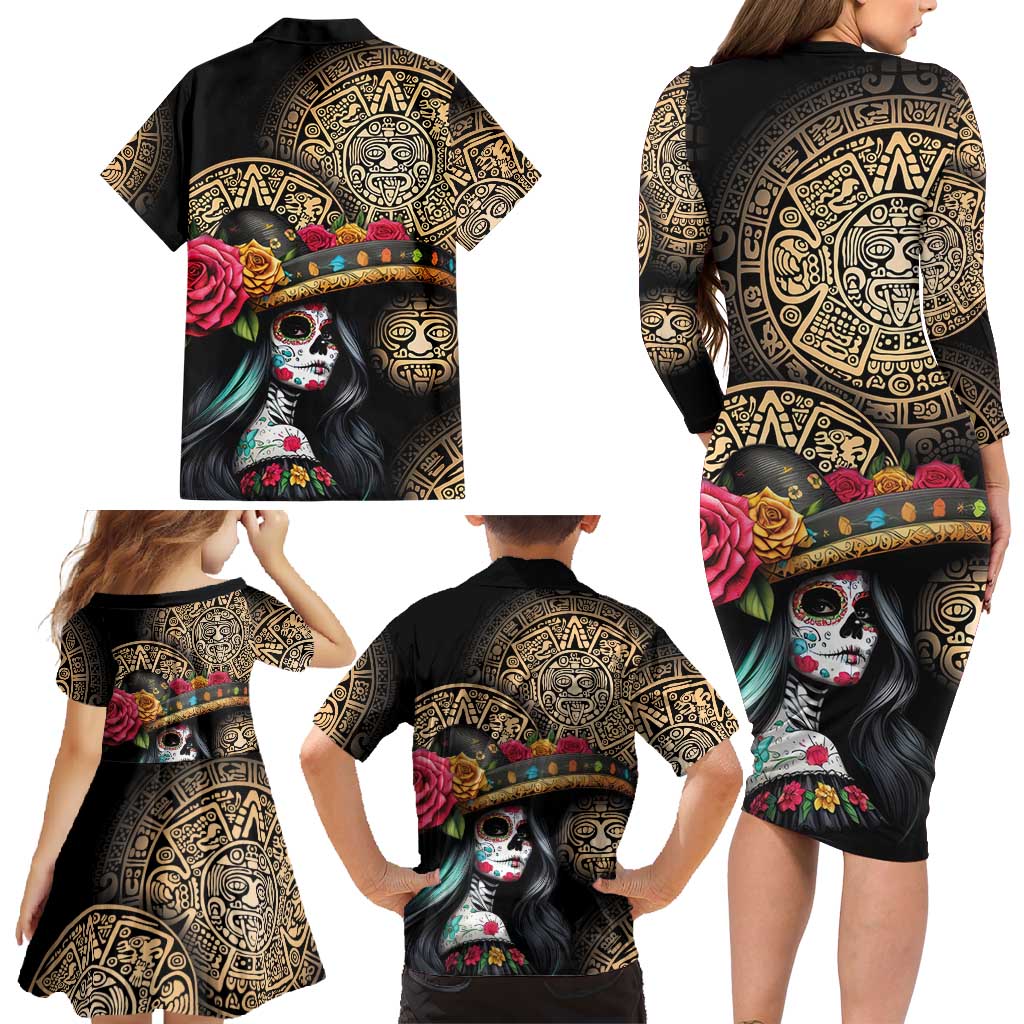 La Calavera Catrina Aztec Circle Family Matching Long Sleeve Bodycon Dress and Hawaiian Shirt Dia de Muertos - Wonder Print Shop