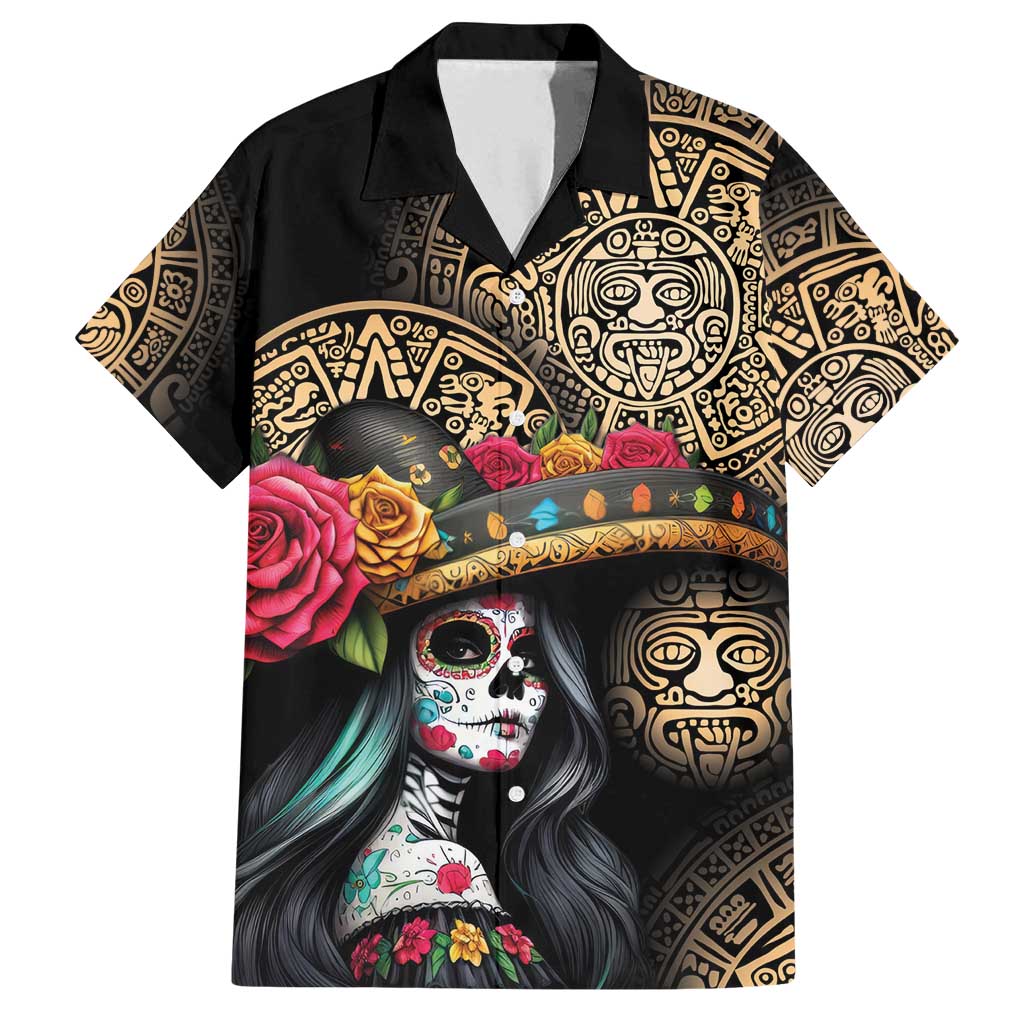 La Calavera Catrina Aztec Circle Family Matching Long Sleeve Bodycon Dress and Hawaiian Shirt Dia de Muertos - Wonder Print Shop