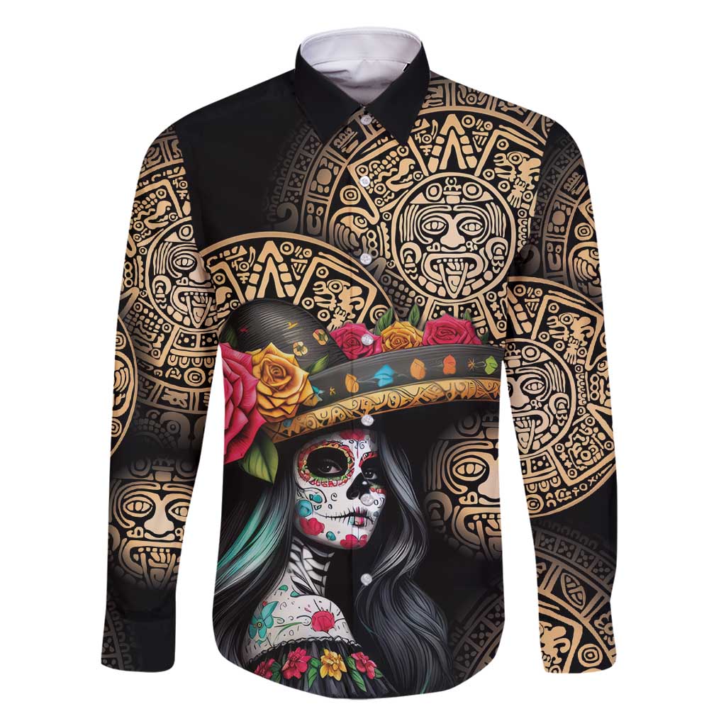 La Calavera Catrina Aztec Circle Family Matching Long Sleeve Bodycon Dress and Hawaiian Shirt Dia de Muertos - Wonder Print Shop