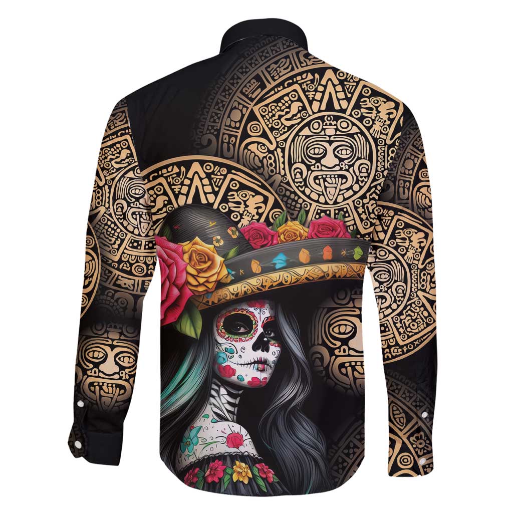 La Calavera Catrina Aztec Circle Family Matching Long Sleeve Bodycon Dress and Hawaiian Shirt Dia de Muertos - Wonder Print Shop