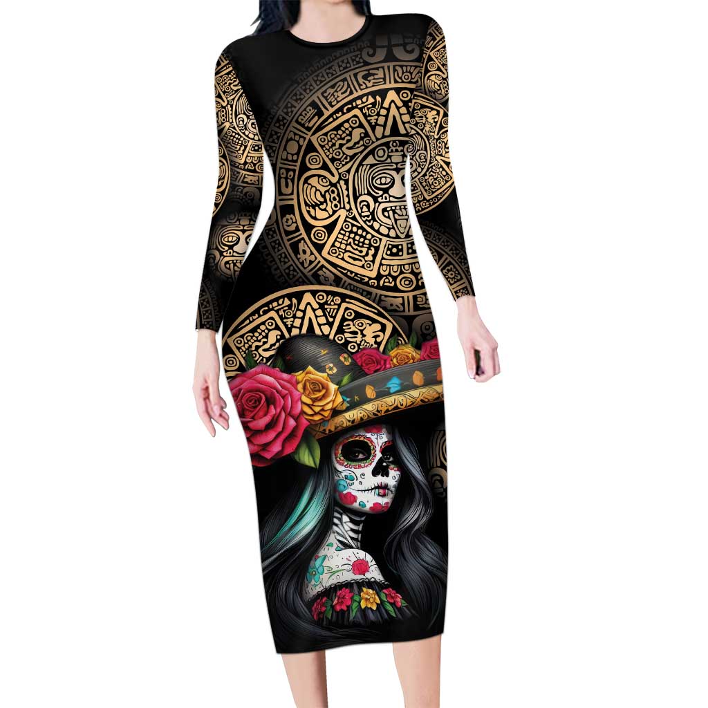 La Calavera Catrina Aztec Circle Family Matching Long Sleeve Bodycon Dress and Hawaiian Shirt Dia de Muertos - Wonder Print Shop