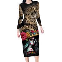 La Calavera Catrina Aztec Circle Family Matching Long Sleeve Bodycon Dress and Hawaiian Shirt Dia de Muertos - Wonder Print Shop