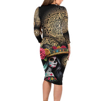 La Calavera Catrina Aztec Circle Family Matching Long Sleeve Bodycon Dress and Hawaiian Shirt Dia de Muertos - Wonder Print Shop