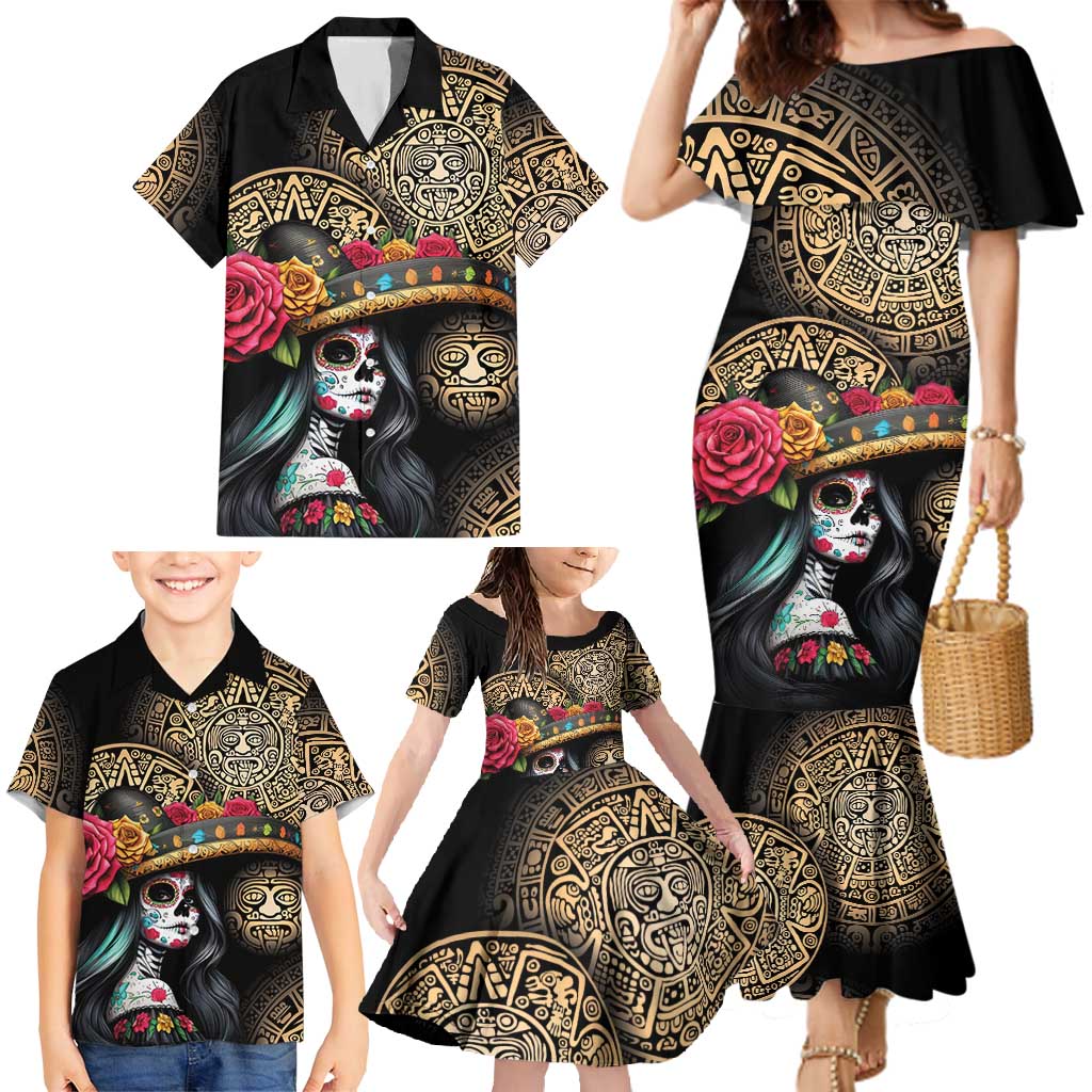 La Calavera Catrina Aztec Circle Family Matching Mermaid Dress and Hawaiian Shirt Dia de Muertos - Wonder Print Shop
