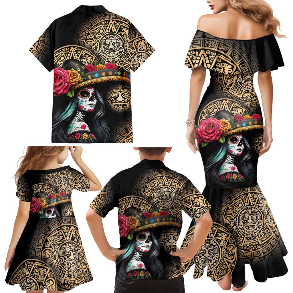 La Calavera Catrina Aztec Circle Family Matching Mermaid Dress and Hawaiian Shirt Dia de Muertos - Wonder Print Shop