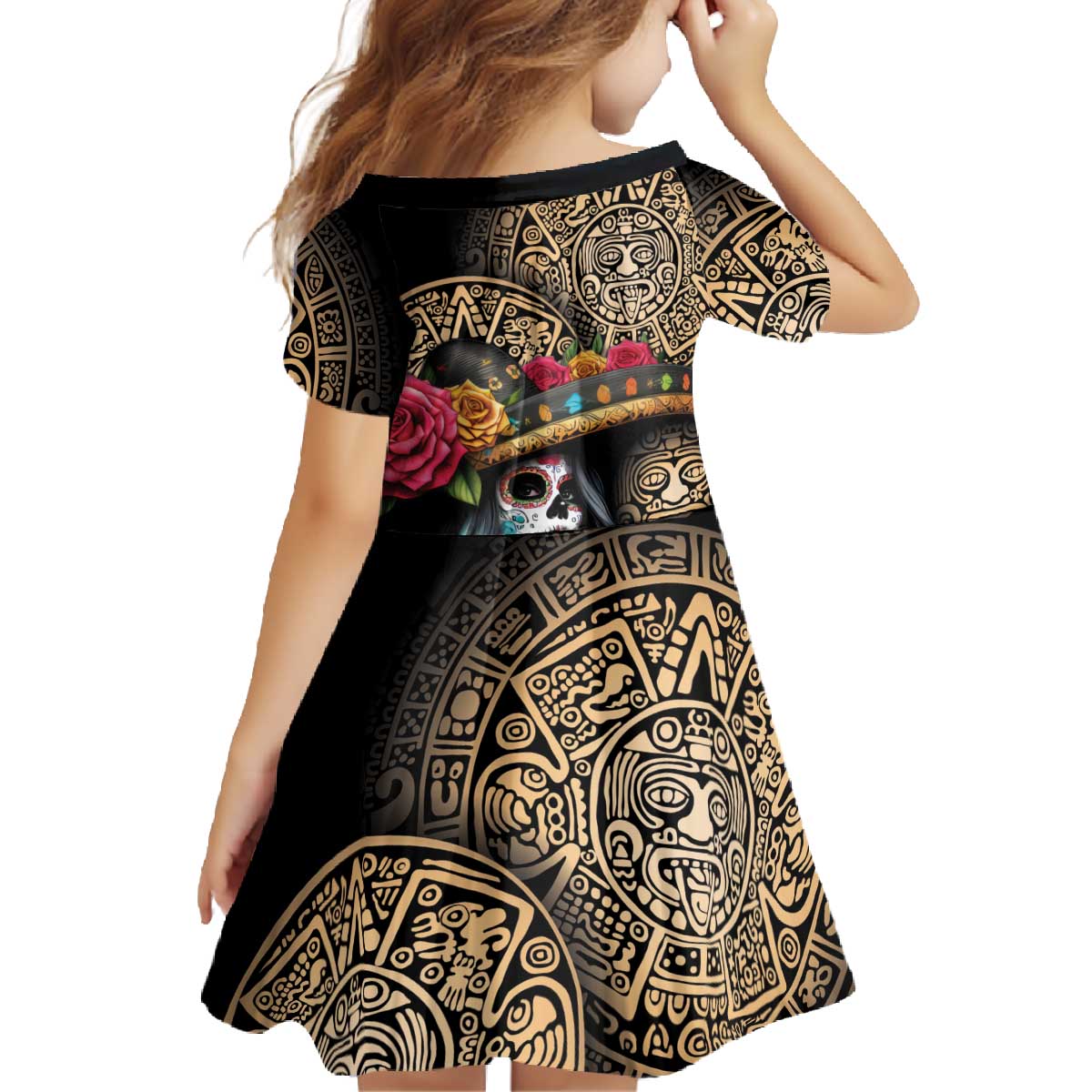 La Calavera Catrina Aztec Circle Family Matching Off The Shoulder Long Sleeve Dress and Hawaiian Shirt Dia de Muertos - Wonder Print Shop